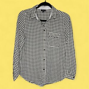 Women's Black and White Houndstooth Businesscore Button Down Blouse
